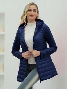 ZIAI 女士纯色轻薄长款连帽冬季羽绒服休闲户外秋冬外套女 - 藏蓝色 - 查看 6