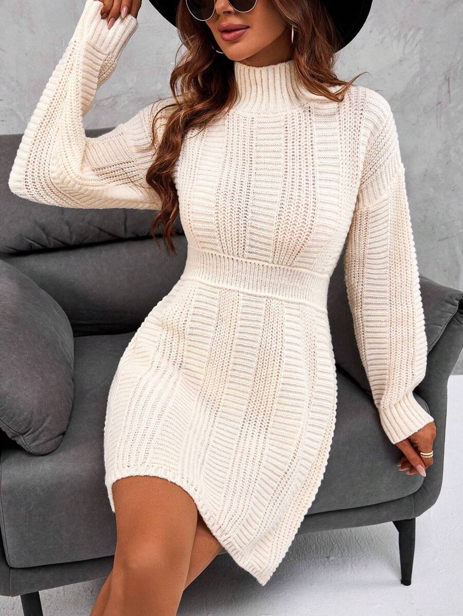 SHEIN Clasi Mock Neck Drop Shoulder Sweater Dress Fall Cloth For Women - Apricot - View 1