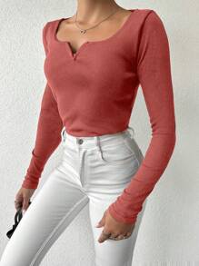 EURMUSE Women's Slim Fit Solid Color Notch Collar T-shirt - Dusty Pink - View 4