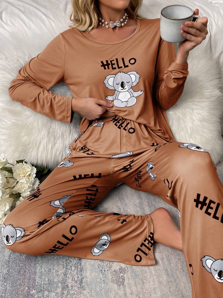 考拉字母印花長袖長褲家居服套裝 - 鏽棕色 - 查看 1