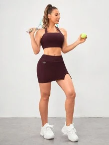 VARSITIE 運動網球基本收腹控制帶裙子 - 棕色 - 查看 4