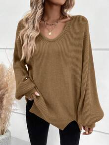 SHEIN LUNE Thả vai Viền chia cắt Áo len - Màu Khaki - Xem 5