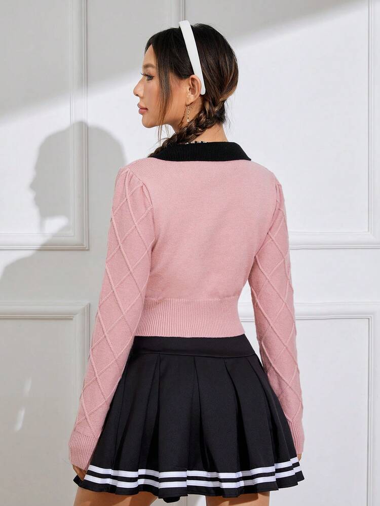 Contrast Collar Button Front Crop Cardigan