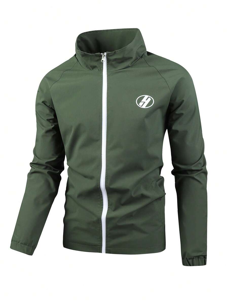 Manfinity Sport Corelite Men Letter Graphic Zip Up Sports Jacket Workout Tops - Army Green - View 1