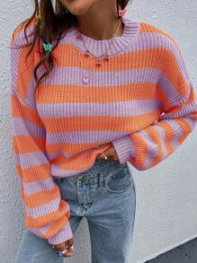 Chiquease Striped Pattern Drop Shoulder Knit Pullover Fall Winter Sweater - Multicolor - View 6