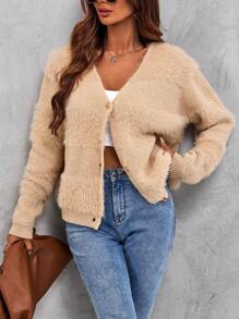 SHEIN LUNE 落肩袖毛茸茸開襟衫 - 卡其色 - 查看 6