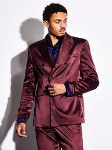 GENTILAND 男士1件尖領雙排扣緞面西裝外套和1條西裝長褲套裝 - 酒紅色 - 查看 4