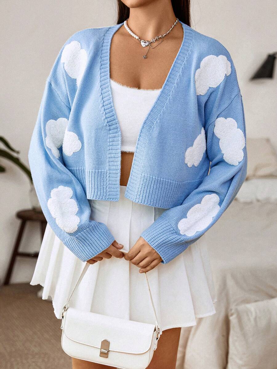 SHEIN Qutie Áo khoác cardigan hở vai họa tiết đám mây cỡ lớn - Màu xanh lam - Xem 1