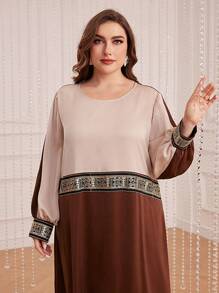 Al Najma Talla grande Vestido de color combinado con cinta en contraste bajo con abertura - Albaricoque - Ver 6