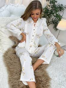 Women's Floral Print Ruffle Edge Tie Front Long Sleeve Long Pants Pajama Set - White - View 4