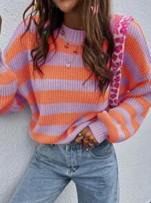 Chiquease Striped Pattern Drop Shoulder Knit Pullover Fall Winter Sweater - Multicolor - View 8