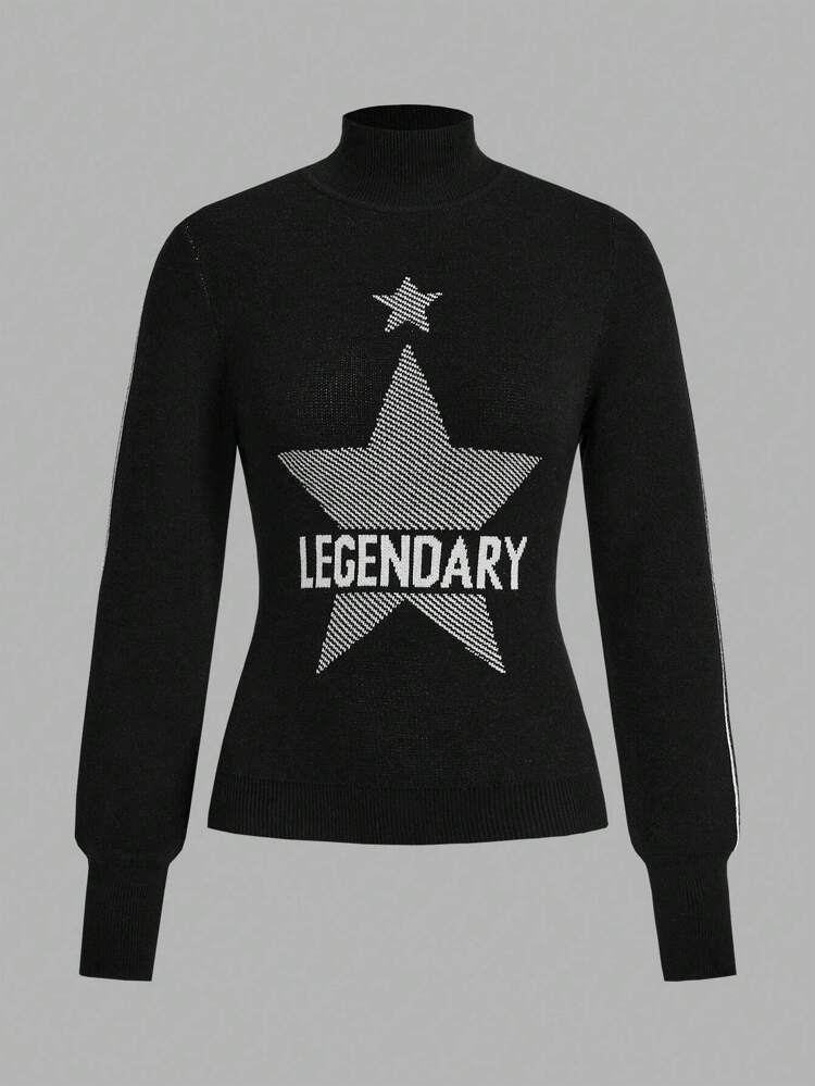 Star & Letter Pattern Mock Neck Sweater