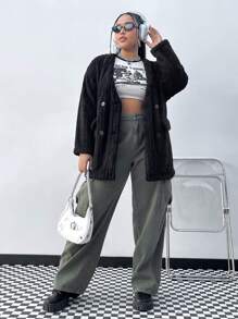 SHEIN EZwear Abrigo De Hombros Caídos Con Doble Botonadura De Felpa De Talla Grande Para Mujer - Negro - Ver 6