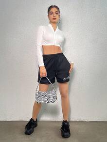 SHEIN Unity Pha lê Mẫu chữ Eo dây rút Quần short - màu đen - Xem 6