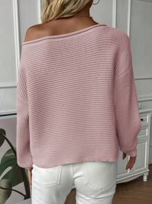 SHEIN Essnce 不對稱領口落肩毛衣 - 粉色 - 查看 2