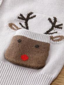 Baby Girls' Button-Front Cardigan With Reindeer Pattern And Raglan Sleeves Autumn Fall - Grey - View 4
