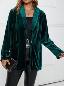 SHEIN LUNE Plus Shawl Collar Flap Detail Velvet Blazer - Dark Green - View 4