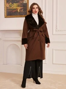 Modelyn 大尺碼女毛領腰帶拼色羊毛大衣 - 棕色 - 查看 6