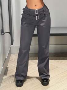 SHEIN ICON Solid Belted Flare Leg Pants