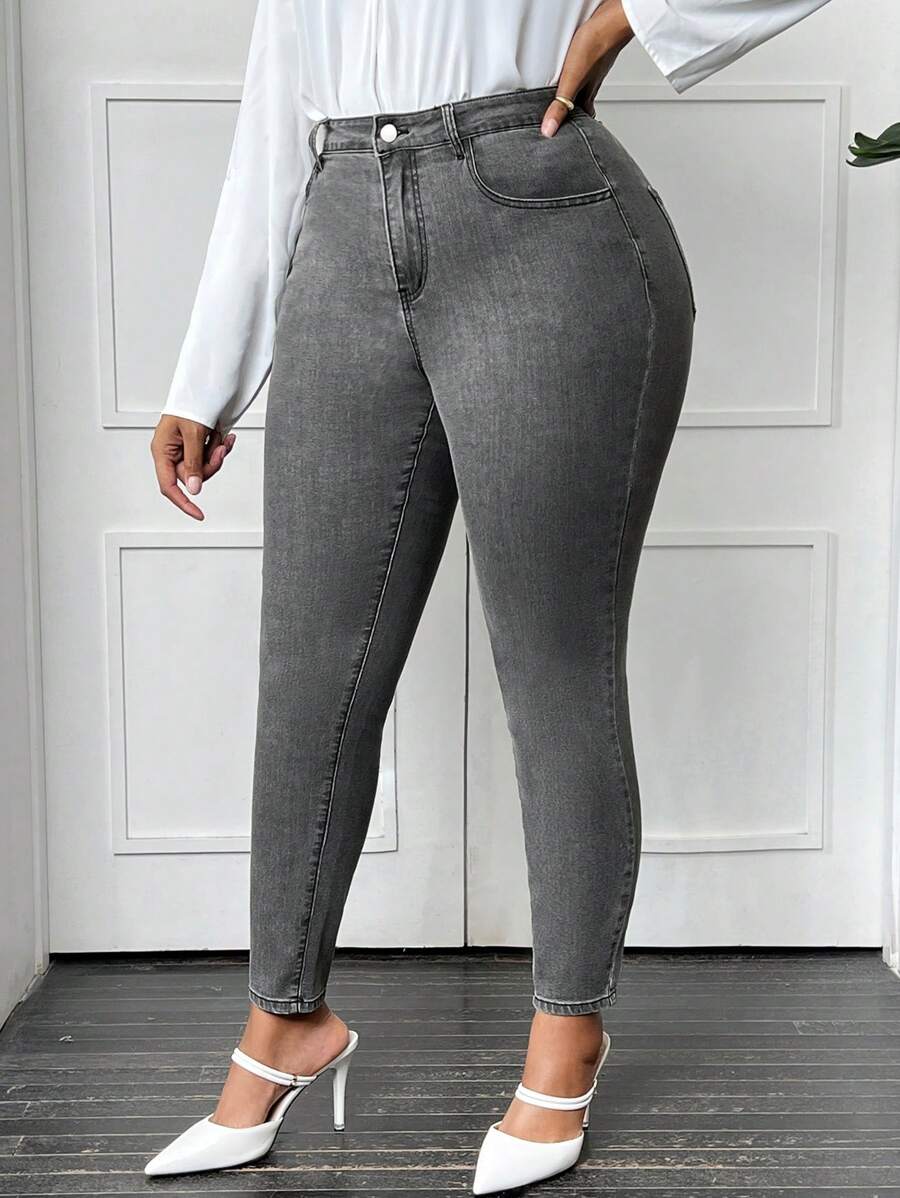 SHEIN LUNE Hơn Túi nghiêng Quần jean ôm - màu đen - Xem 1