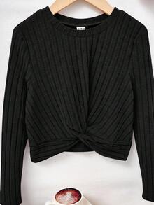 SHEIN Cô gái Tween Dệt kim Màu thuần Vòng cổ Tay áo dài Ngắn Giải trí Áo thun Với Xoắn - màu đen - Xem 3