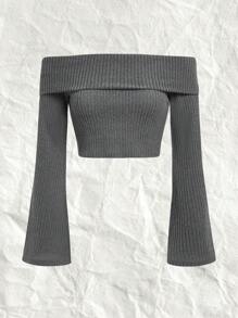 SHEIN EZwear 大碼一字肩荷葉袖T恤 - 深灰色 - 查看 1