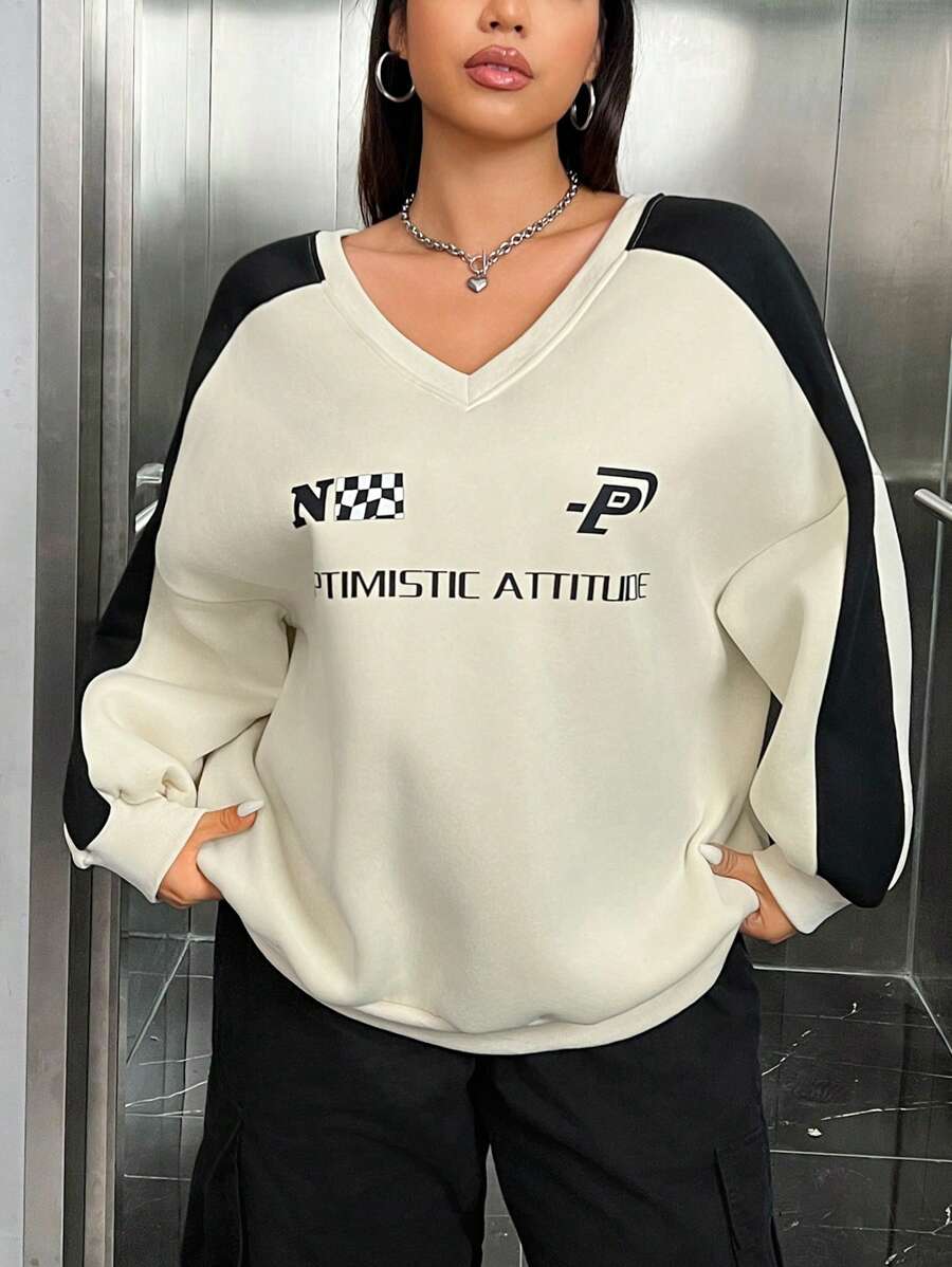 SHEIN EZwear Plus Slogan Graphic Contrast Side Seam Drop Shoulder Sweatshirt - Multicolor - View 1