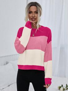 Chiquease 撞色落肩毛衣，长袖针织套头衫，秋冬款毛衣 - 彩色 - 查看 5