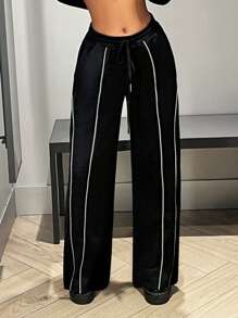 SHEIN ICON Contrast Piping Drawstring Waist Sweatpants - Black - View 3