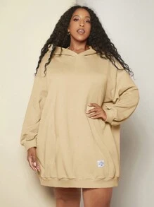 SHEIN CURVE+ 大碼字母貼布袋鼠口袋落肩袖連帽衛衣裙 - 卡其色 - 查看 5