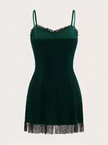 SHEIN Qutie Ren tương phản Váy Dây - Màu xanh lá cây đậm - Xem 2