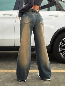 SHEIN ICON Dây kéo bay quần ống rộng Quần jean - Màu xanh lam - Xem 2