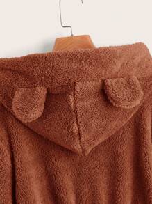 SHEIN EZwear Chất rắn Thiết kế tai 3D Teddy Hoodie - Rỉ Nâu - Xem 4