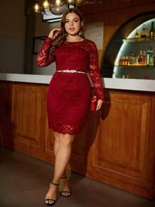 SHEIN Clasi Talla grande Vestido ajustado unicolor con encaje - Rojo - Ver 3