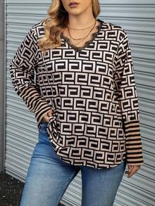 Calvaya Plus Striped & Geo Print Eyelash Lace Trim Tee - Multicolor - View 7