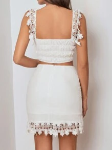 RueChic Guipure Lace Panel Wide Straps Top & Bodycon Skirt - White - View 2