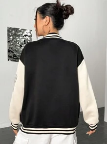 SHEIN Unity Chaqueta de béisbol casual de manga larga con botones delanteros y bolsillo de color contrastante para mujer - Multicolor - Ver 2