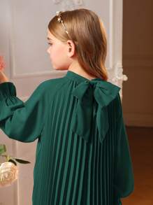 SHEIN Leap Crew 女大童1入組後綁帶喇叭袖百褶洋裝 - 綠色 - 查看 6