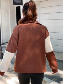 SHEIN Unity Khối màu Dây kéo Thả vai Áo nỉ - màu nâu - Xem 2