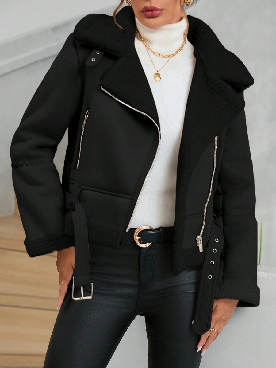 EMERY ROSE Fur & Leather Integrated Short Jacket - Black - View 1