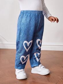 SHEIN 嬰兒女生休閒心形印花彈性腰長褲 - 藍色 - 查看 4