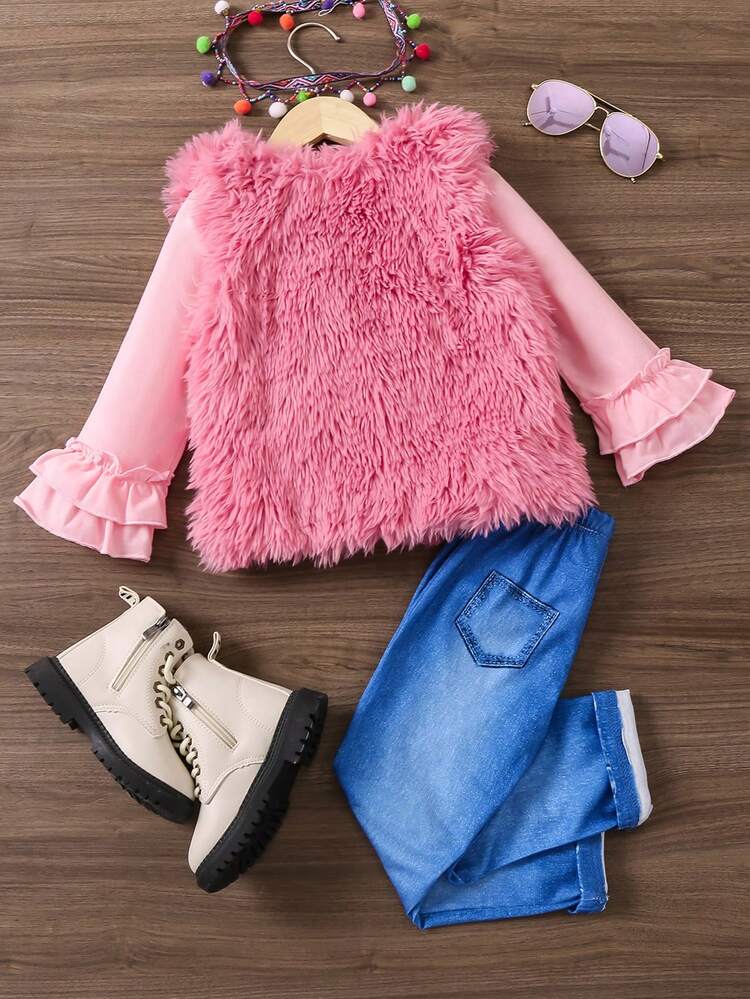 Young Girl Spring And Autumn Faux Fur Vest & Knitted Lace Sleeve Top + Denim Effect Leggings Three-Piece Set