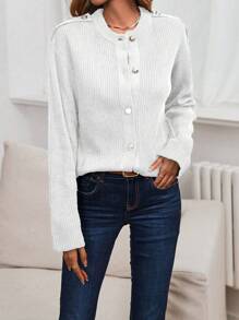 SHEIN LUNE คาร์ดิแกน ไหล่ตก กระดุมด้านหน้า - สีขาว - ดู 4