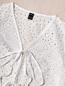 Soleia 前繫帶貝殼邊喇叭袖網眼刺繡外套 - 白色 - 查看 4