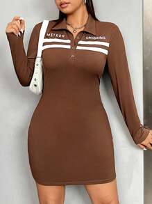 SHEIN EZwear Kích thước lớn In thư Tay áo dài Đầm - màu nâu - Xem 3