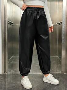 SHEIN EZwear Talla grande Pantalones de cintura elástica PU - Negro - Ver 4