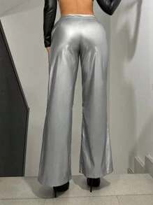 SHEIN ICON 褶邊喇叭PU皮革長褲 - 銀色 - 查看 2