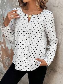 SHEIN Privé Polka Dot Notched Neckline Blouse - White - View 5