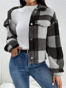 SHEIN Essnce In kẻ sọc Buffalo Thả vai Áo khoác - Nhiều màu - Xem 5