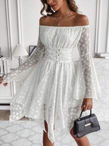 SHEIN Unity Off Shoulder Lace Up Front Trumpet Sleeve Dress - White - View 5